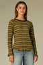 Golden Olive Black Long Raglan Sleeve Scoop Neck Striped Shirttail Hi-Low Hem Ringer Knit Top