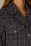 Steel Grey Sky Blue Plaid Long Buttoned Sleeve Triple Button Front Lapel Collar Oversized Flap Pockets Back Center Seam Back Slit Plaid Print Woven Military Jacket