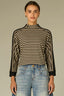 Black Ecru Stripes Long Seamless Banded Sleeve Mock Neck Color Blocked Striped Rounded Hem Petite Knit Top