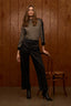 Black Ecru Stripes Long Seamless Banded Sleeve Mock Neck Color Blocked Striped Rounded Hem Knit Top
