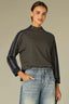 Forest Moss Ocean Teal Long Seamless Banded Sleeve Mock Neck Color Blocked Stripes Rounded Hem Knit Top