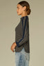 Forest Moss Ocean Teal Long Seamless Banded Sleeve Mock Neck Color Blocked Stripes Rounded Hem Knit Top