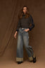 Mid Blue Artisanal Denim Contour Shape Technology Skyrise Sweetheart Shaped Back Yoke Wide Fixed Cuff Gold Accents Whitney Wide Leg Jean