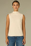 Ecru Sleeveless Mock Neck Grosgrain Detail Ribbed Knit Top
