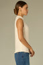 Ecru Sleeveless Mock Neck Grosgrain Detail Ribbed Knit Top