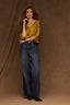Blue Indigo Denim Contour Shape Technology Skyrise Sweetheart Shaped Back Yoke Double Side Seam Gracie Wide Leg Jean