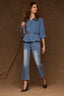 Mid Blue Three Quarter Buttoned Cuff Dolman Sleeve Collar Neck Button Down Front Seaming Peplum Hem Denim Top