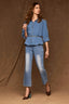 Three Quarter Cuff Sleeve Collar Button Down Peplum Denim Top