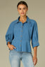 Mid Blue Three Quarter Buttoned Cuff Dolman Sleeve Collar Neck Button Down Front Seaming Peplum Hem Petite Denim Top