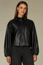 Black Drop Shoulder Blouson Sleeve Collar Neck Button Front Textured Back Center Seam Straight Hem Faux Leather Jacket