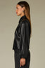 Black Drop Shoulder Blouson Sleeve Collar Neck Button Front Textured Back Center Seam Straight Hem Faux Leather Jacket