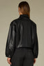 Black Drop Shoulder Blouson Sleeve Collar Neck Button Front Textured Back Center Seam Straight Hem Faux Leather Jacket