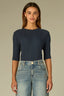 Ocean Teal Elbow Raglan Sleeve High Crew Neck Ribbed Seaming Surplus Hi-Low Hem Knit Top