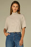Heather Cream Drop Shoulder Elbow Sleeve Turtleneck Center Seams Boxy Striped Straight Slit Hem Knit Top