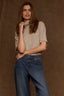 Heather Cream Drop Shoulder Elbow Sleeve Turtleneck Center Seams Boxy Striped Straight Slit Hem Petite Knit Top