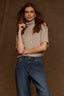 Heather Cream Drop Shoulder Elbow Sleeve Turtleneck Center Seams Boxy Striped Straight Slit Hem Knit Top