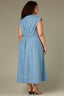 Light Blue Denim Extended Shoulder Cap Sleeve High Neck Zip Front Cinched Waist Midi Pleated Plus Size Dress