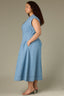 Light Blue Denim Extended Shoulder Cap Sleeve High Neck Zip Front Cinched Waist Midi Pleated Plus Size Dress