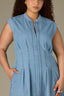 Light Blue Denim Extended Shoulder Cap Sleeve High Neck Zip Front Cinched Waist Midi Pleated Plus Size Dress