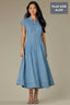 Light Blue Denim Extended Shoulder Cap Sleeve High Neck Zip Front Cinched Waist Midi Pleated Plus Size Dress