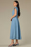 Light Blue Denim Extended Shoulder Cap Sleeve High Neck Zip Front Cinched Waist Midi Pleated Plus Size Dress