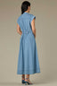 Light Blue Denim Extended Shoulder Cap Sleeve High Neck Zip Front Cinched Waist Midi Pleated Plus Size Dress