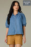 Mid Blue Elbow Puff Banded Sleeve Collar Neck Button Down Front Back Pleat Plus Size Woven Denim Top