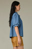 Mid Blue Elbow Puff Banded Sleeve Collar Neck Button Down Front Back Pleat Plus Size Woven Denim Top