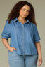 Mid Blue Elbow Puff Banded Sleeve Collar Neck Button Down Front Back Pleat Plus Size Woven Denim Top