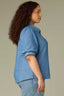 Mid Blue Elbow Puff Banded Sleeve Collar Neck Button Down Front Back Pleat Plus Size Woven Denim Top