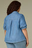 Mid Blue Elbow Puff Banded Sleeve Collar Neck Button Down Front Back Pleat Plus Size Woven Denim Top