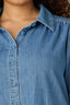 Mid Blue Elbow Puff Banded Sleeve Collar Neck Button Down Front Back Pleat Plus Size Woven Denim Top