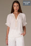 White Short Half Cinched Raglan Sleeve Embroidered Overlap V-Placket Stand Collar Split V-Neck Smock Plus Size Woven Top