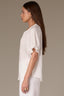 White Short Half Cinched Raglan Sleeve Embroidered Overlap V-Placket Stand Collar Split V-Neck Smock Plus Size Woven Top