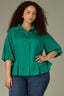 Lake Green Raglan Below Elbow Bubble Sleeve Collar Neck Button Down Seaming Dart Peplum Hem Lyocell Plus Size Woven Top