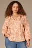 Peach Pie Clementine Multi Three Quarter Cinched Blouson Sleeve Ruffle Smock Split V-Neck Knotted Cord-Filled Self Tie Hi-Low Stripe Floral Print Plus Size Woven Top