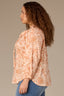 Peach Pie Clementine Multi Three Quarter Cinched Blouson Sleeve Ruffle Smock Split V-Neck Knotted Cord-Filled Self Tie Hi-Low Stripe Floral Print Plus Size Woven Top