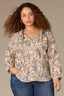 Stone Blue Crush Multi Three Quarter Cinched Blouson Sleeve Ruffle Smock Split V-Neck Knotted Cord-Filled Self Tie Hi-Low Stripe Floral Print Plus Size Woven Top