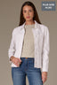 Optic White Long Puff Sleeve Hidden Snap Front Breast Pocket Collar Neck Peplum Hem Plus Size Woven Jacket 