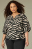 Charcoal Ecru Dolman Elbow Bubble Sleeve Split V-Neck Center Seam Straight Hem Zebra Print Plus Size 