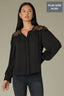 Black Long Sleeve Round Neck Button Front Lace Inset Yoke Plus Size Woven Top