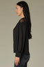 Black Long Sleeve Round Neck Button Front Lace Inset Yoke Plus Size Woven Top