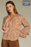 Pecan Multi Long Romantic Double Ruffle Flutter Sleeve Split V-Neck Button Keyhole Front Center Seam Placket Round Hem Plus Size Woven Top