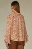 Pecan Multi Long Romantic Double Ruffle Flutter Sleeve Split V-Neck Button Keyhole Front Center Seam Placket Round Hem Plus Size Woven Top