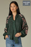 Hunter Green Papaya Long Blouson Raglan Sleeve Buttoned Cuff Stand Collar Split Neck Tie Shirttail Hem Floral Placement Print Plus Size Woven Top