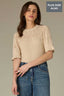 Deep Macadamia Above Elbow Flounce Scallop Sleeve Round Neck Ribbed Mixed Stitch Plus Size Sweater Top