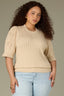 Deep Macadamia Above Elbow Flounce Scallop Sleeve Round Neck Ribbed Mixed Stitch Plus Size Sweater Top