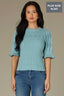 Pale Teal Above Elbow Flounce Scallop Sleeve Round Neck Ribbed Mixed Stitch Plus Size Sweater Top
