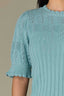 Pale Teal Above Elbow Flounce Scallop Sleeve Round Neck Ribbed Mixed Stitch Plus Size Sweater Top
