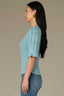 Pale Teal Above Elbow Flounce Scallop Sleeve Round Neck Ribbed Mixed Stitch Plus Size Sweater Top
